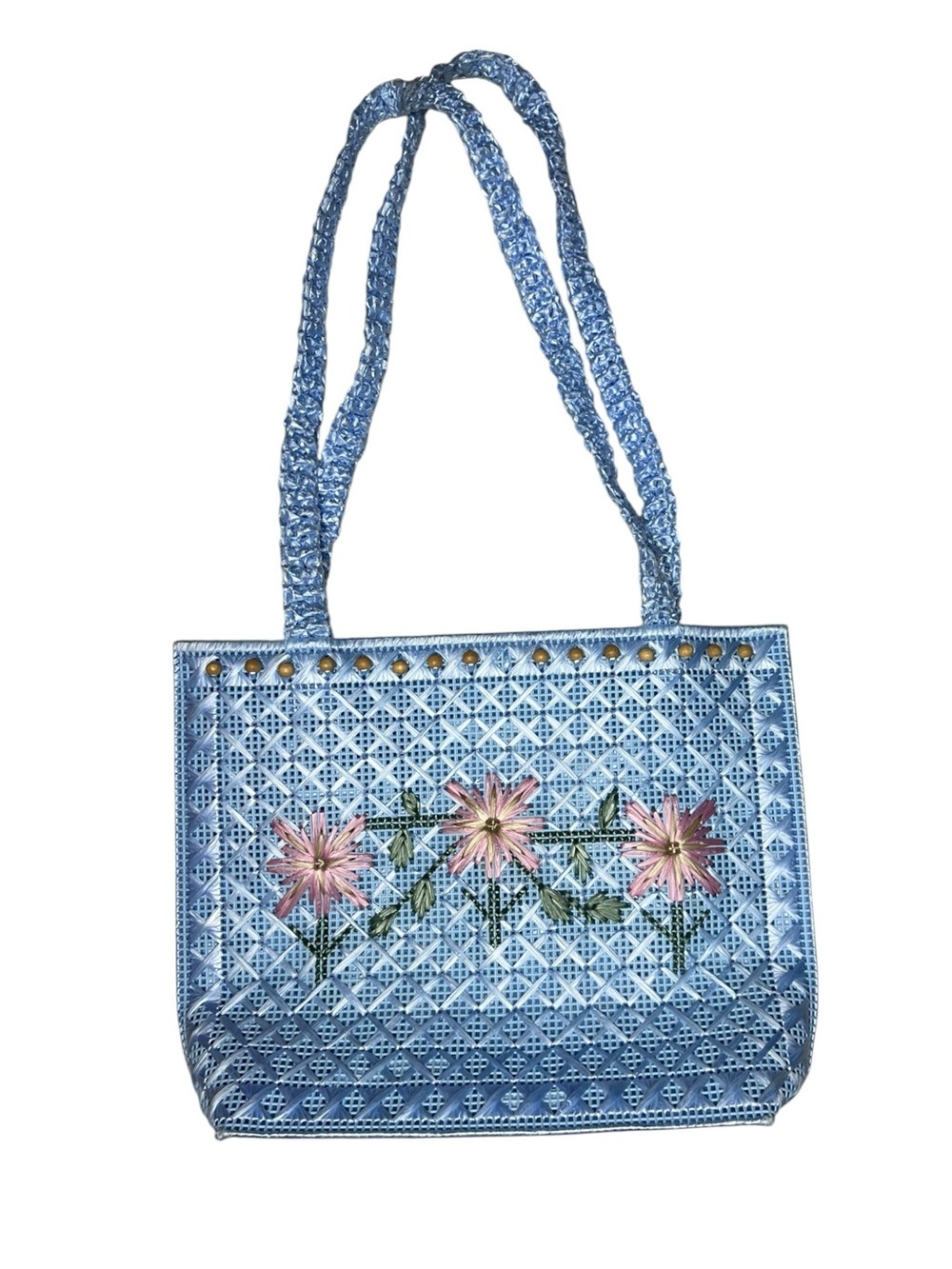 Vintage Handwoven Plastic Mesh Tote Bag Raffia Floral Embroidered Cottagecore